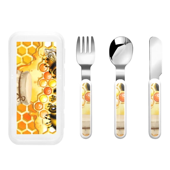 Honeii Honey Bee Print Children's Knife, Fork And Spoon Set,Reusable Utensils Set with Case,Travel Cutlery Set,for Kids Adults Camping