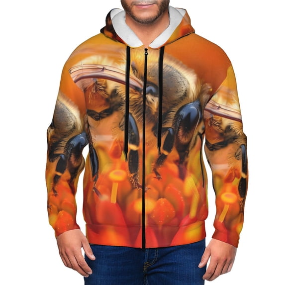 Honeii Honeybee On Vibrant Flower Print Hoodies for Men, Pullover & Full Zip, Breathable Zip up Hoodie, Sweatshirt-Medium