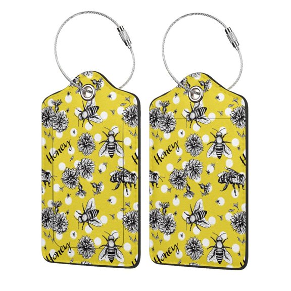 Honeii Honeybee Print Leather Luggage Tag for Suitcases,ID Tags,Bag Tags for Luggage,Functional Travel Tag-2 PCS