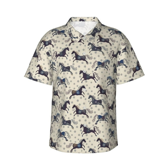 Honeii Horse Print Men’s Hawaiian Shirt,Classic Button-Down Short Sleeve Shirt, for Beach, Vacation, and Outdoor Activities,XX-Large