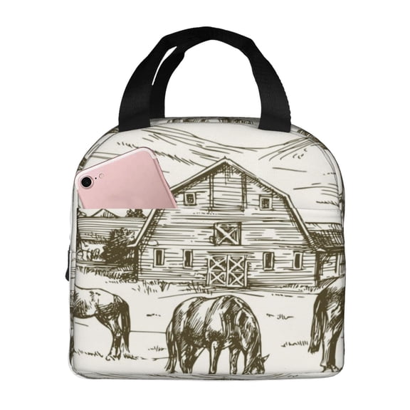 Honeii Horses Grazing On Meadow Print Lunch Bag Women, Lunch Box Lunch Bag for Women Adult Men, Small Leakproof Cute Lunch Tote Large Capacity Reusable