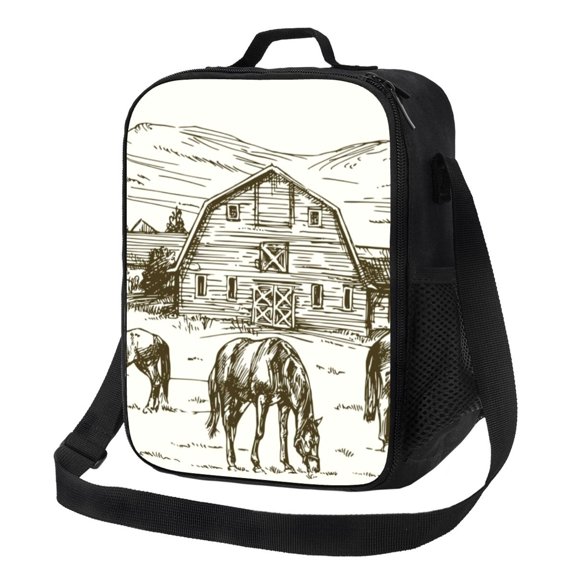 Honeii Horses Grazing On Meadow Print Insulated Lunch Bag, Reusable Lunch Box for Adult, Leakproof Cooler Bag for Work Office Travel Picnic