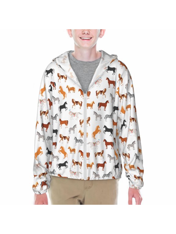 Horses Print Sun Protection Jacket Hooded Cooling Shirt with Pockets Hiking Outdoor Performance-X-Large