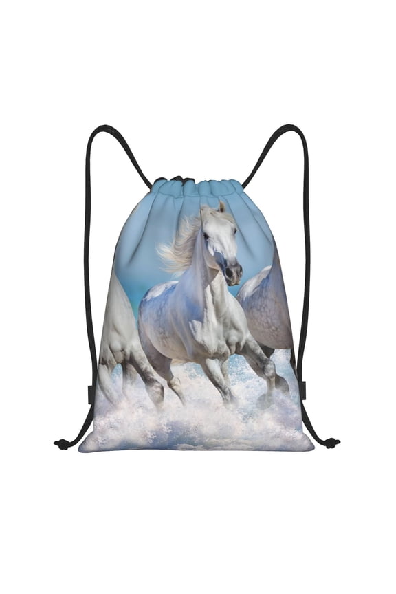 Horses Running Through The Water Print Drawstring Backpack,Drawstring Bags String Backpack Gym Cinch Sack Backpack Sport Bag Draw-