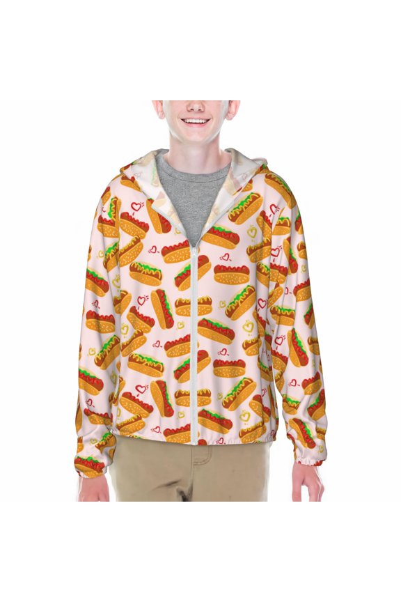Hot Dog In Heart Print Sun Protection Jacket Hooded Cooling Shirt with Pockets Hiking Outdoor Performance-Small