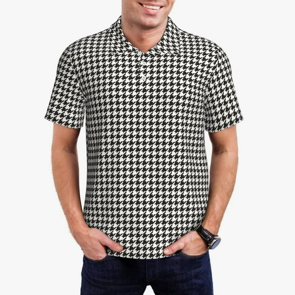 Honeii Houndstooth Black And White print Polo Shirt, a classic short-sleeved, button-down golf shirt designed for menSmall