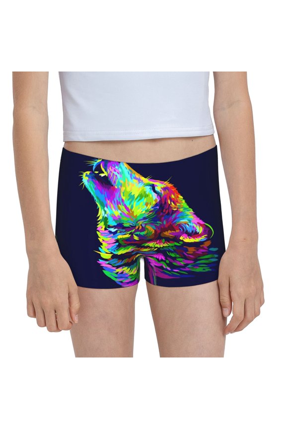 Howling Wolf Print 100% Cotton Boxer Briefs, Girls' Panties,Girls' Short,Soft Underwear,Girls' Underpant-Large