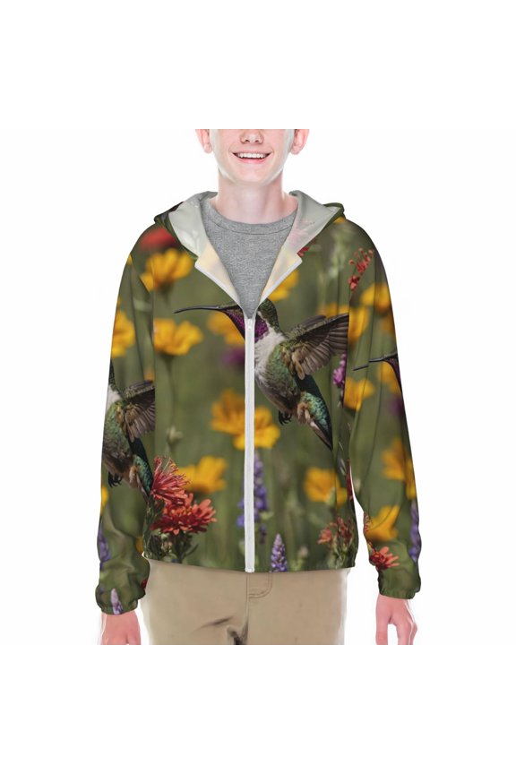 Humming Bird Print Sun Protection Jacket Hooded Cooling Shirt with Pockets Hiking Outdoor Performance-Small