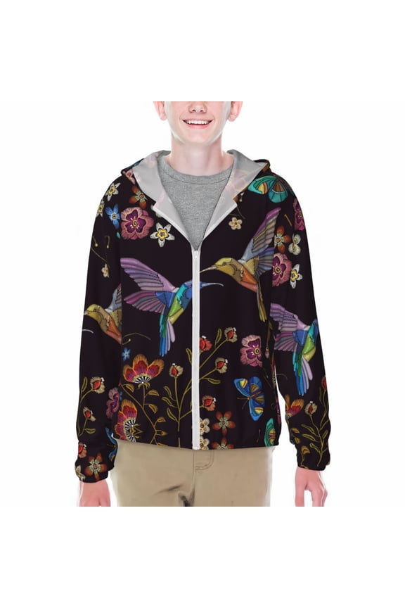 Humming Bird Print Sun Protection Jacket Hooded Cooling Shirt with Pockets Hiking Outdoor Performance-Small