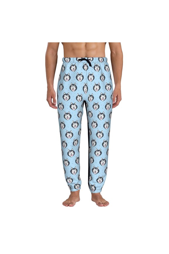 Husky Head Print Mens Jogger Sweatpants, Men's Lounge Pants with Pockets-