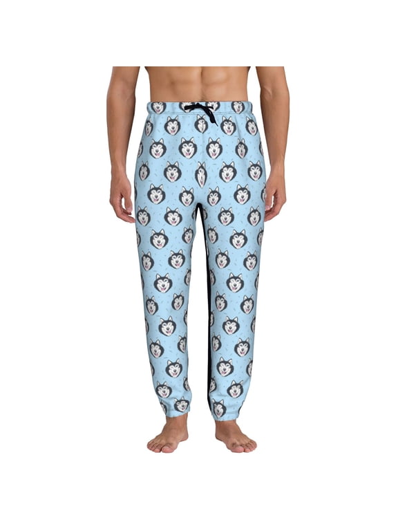 Husky Head Print Mens Jogger Sweatpants, Men's Lounge Pants with Pockets-