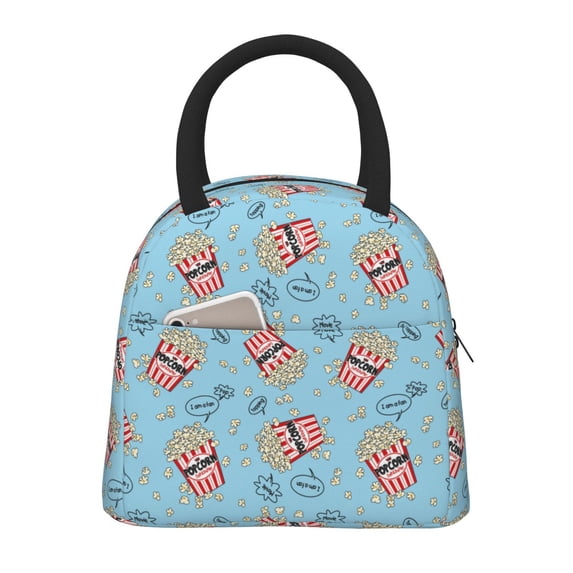 Honeii I Am A Fan Popcorn Print Insulated Lunch Bag Women Reusable Lunch Box with Pocket for Work Picnic Travel -One Size