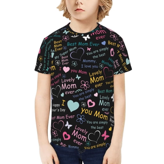 Honeii I love you Mom Print Kids Boy T-Shirt,Breathable Round Neck Tee,Stylish Summer Tee for Boys, for Outdoor Activities and Casual Wear