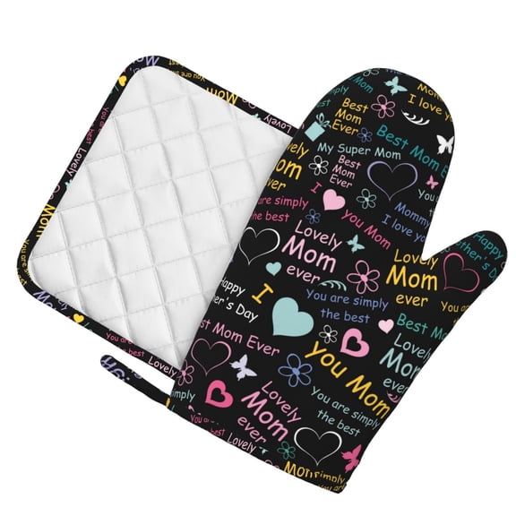 Honeii I love you Mom patten Oven Mitts and Pot Holders Sets, Baker Oven Mitts, Mittens for Kitchen Decor, Baking Lover over Gloves Gifts
