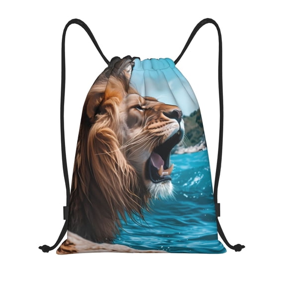Honeii Ice Blue Coastal Lion Print Drawstring Backpack,Drawstring Bags String Backpack Gym Cinch Sack Backpack Sport Bag Draw-Small