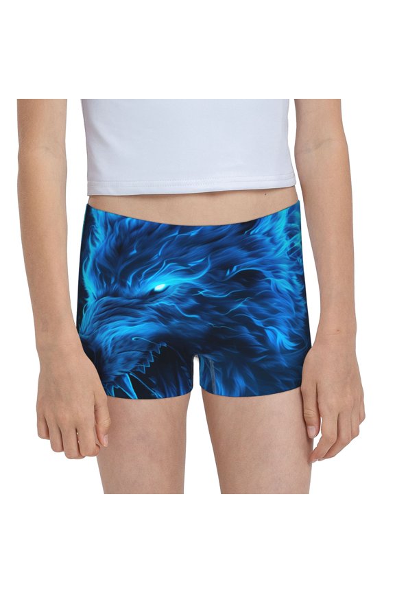 Ice Blue Fire Wolf Print 100% Cotton Boxer Briefs, Girls' Panties,Girls' Short,Soft Underwear,Girls' Underpant-Small
