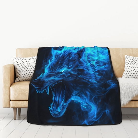 Honeii Ice Blue Fire Wolf for Throw Blanket for Couch - Thick Blanket, Soft Fuzzy Plush Throw Blanket for All Seasons, Double Sided Blanket,50x60 In