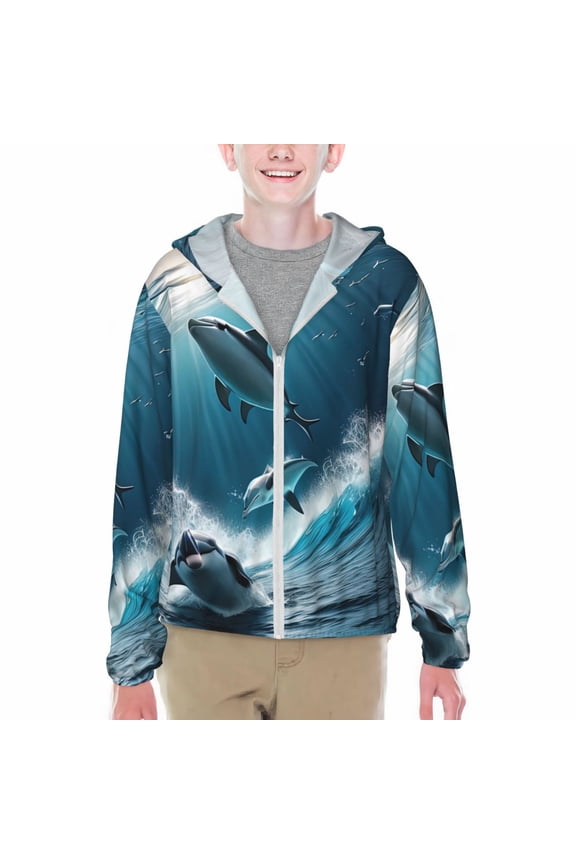Ice Blue Ocean Cute Dolphin A Print Sun Protection Jacket Hooded Cooling Shirt with Pockets Hiking Outdoor Performance-XX-Large