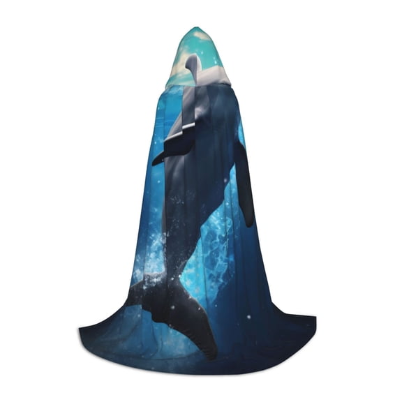 Honeii Ice Blue Ocean Cute Dolphin Print Poncho Cape, Cloak Coat, Snuggly Hooded Wearable Blanket, Hooded Cape For Teenagers,Halloween Costumes-Medium