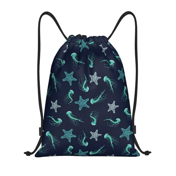 Honeii Ice Blue Starfish and Jellyfish Print Drawstring Backpack,Drawstring Bags String Backpack Gym Cinch Sack Backpack Sport Bag Draw-Medium