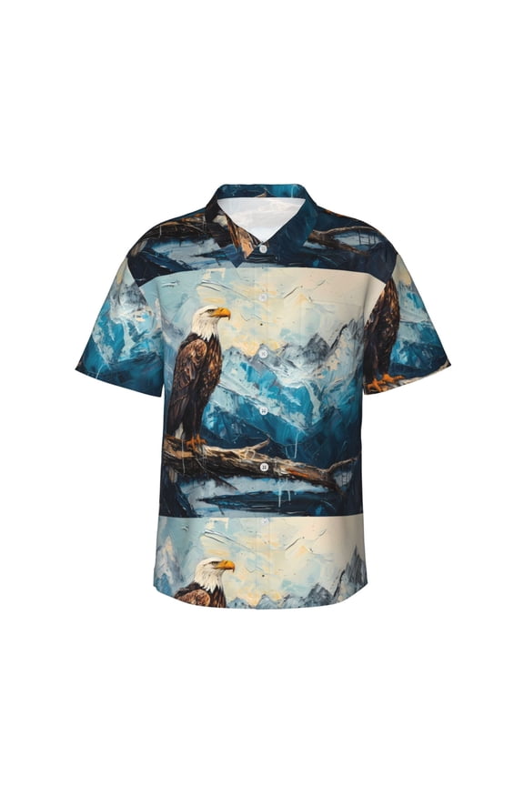 Iceberg Bald Eagle Print Men’s Hawaiian Shirt,Classic Button-Down Short Sleeve Shirt, for Beach, Vacation, and Outdoor Activities,XX-Large