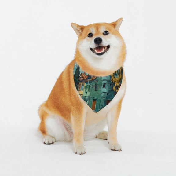 Honeii Impressionist Village Sky Pattern Pet Scarf for Small Dogs and Cats,Washable Triangle Dog Scarfs with Adjustable Buckle,Dog Bandana-X-Large