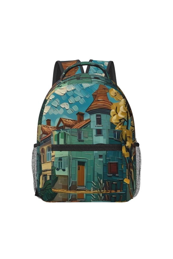 Impressionist Village Sky Print Backpack for School,15.6 inch Laptop Back Pack for High School and College Students, Waterproof Computer Bookbag-One Size