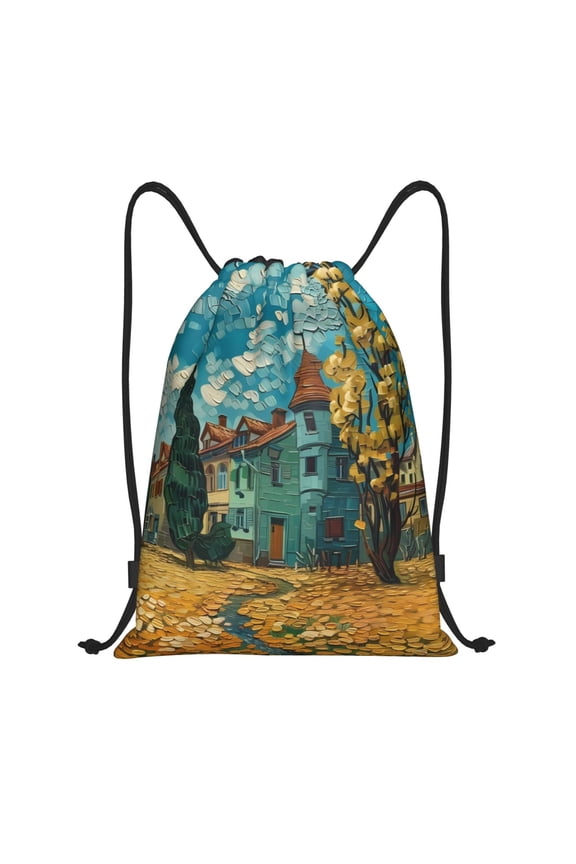 Impressionist Village Sky Print Drawstring Backpack,Drawstring Bags String Backpack Gym Cinch Sack Backpack Sport Bag Draw-