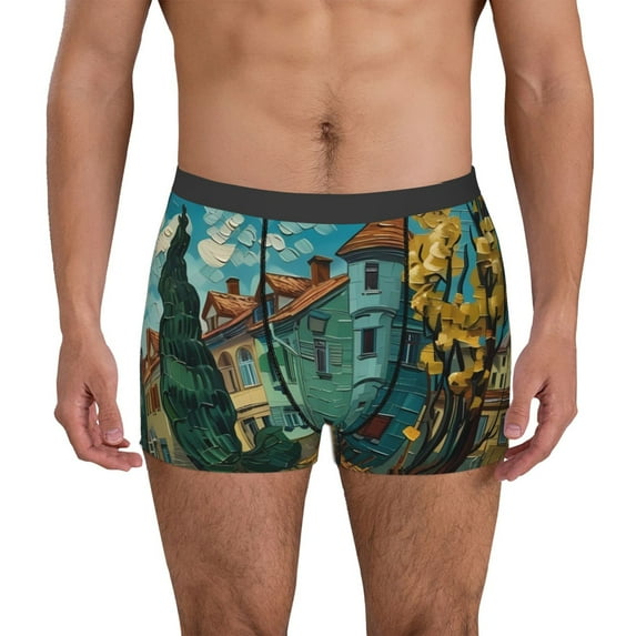 Honeii Impressionist Village Sky Print Mens Boxer Briefs Breathable,Boxer Brief for Men, Moisture-Wicking Underwear-Large