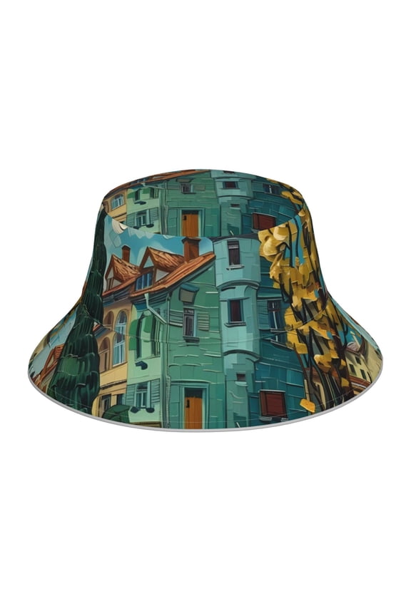 Impressionist Village Sky for Unisex Bucket Hat Waterproof Rain Hat Reversible Shiny Rave Bucket Hat for Concert Festival Boonie Cap