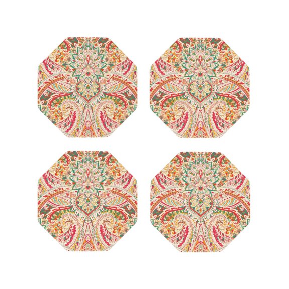 Honeii Indian Paisley 1 print Leather Coaster Set of 4, ideal for safeguarding your furniture from drinks spills and effortless cleanup-Octagon