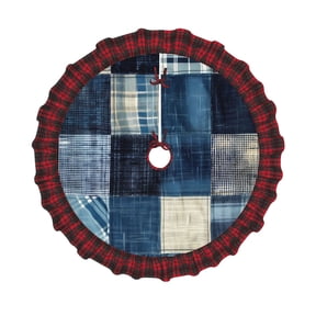 Honeii Indigo Patchwork Quilt Pattern Christmas Tree Skirt, Christmas Ribbon Holly Winter Holiday Tree Mat Decoration-