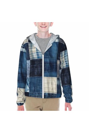 Indigo Patchwork Quilt Print Sun Protection Jacket Hooded Cooling Shirt with Pockets Hiking Outdoor Performance-Small