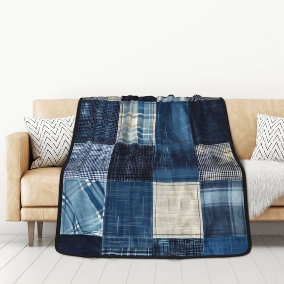 Honeii Indigo Patchwork Quilt for Throw Blanket for Couch - Thick Blanket, Soft Fuzzy Plush Throw Blanket for All Seasons, Double Sided Blanket,50x60 In