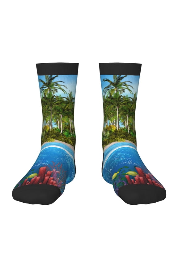 Island And Coral Reef Print Children's Colorful Socks,Unisex Kids and Toddlers' Cushioned Sock,Kids Athletic Crew Socks,for Everyday Wear and Sports