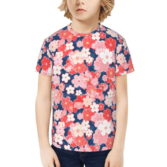 Honeii Japanese Cherry Blossoms Print Kids Boy T-Shirt,Breathable Round Neck Tee,Stylish Summer Tee for Boys, for Outdoor Activities and Casual Wear