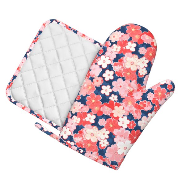 Honeii Japanese Cherry Blossoms patten Oven Mitts and Pot Holders Sets, Baker Oven Mitts, Mittens for Kitchen Decor, Baking Lover over Gloves Gifts
