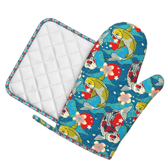 Honeii Japanese Koi patten Oven Mitts and Pot Holders Sets, Baker Oven Mitts, Mittens for Kitchen Decor, Baking Lover over Gloves Gifts
