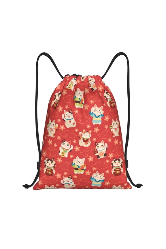 Japanese Maneki Cats Print Drawstring Backpack,Drawstring Bags String Backpack Gym Cinch Sack Backpack Sport Bag Draw-Medium