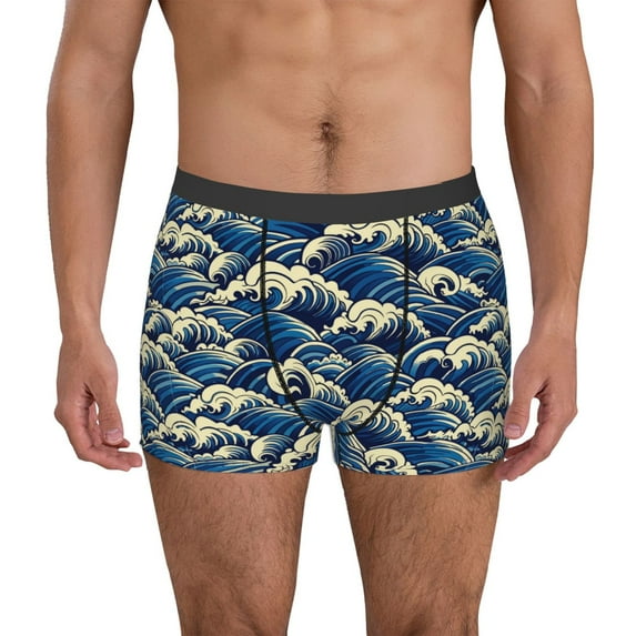 Honeii Japanese Water Wave Print Mens Boxer Briefs Breathable,Boxer Brief for Men, Moisture-Wicking Underwear-Large