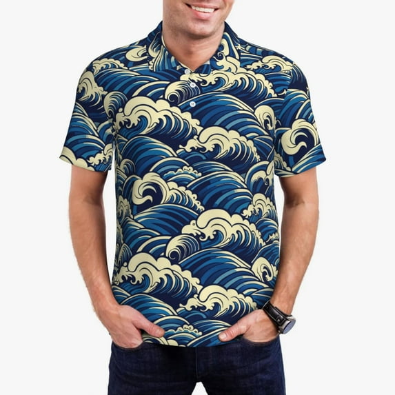 Honeii Japanese Water Wave Print Polo Shirt, A Classic Short-Sleeved, Button-Down Golf Shirt for Men,Mens Polo Shirts Short Sleeve-Small