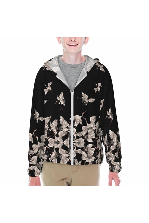 Japanese White Crane Print Sun Protection Jacket Hooded Cooling Shirt with Pockets Hiking Outdoor Performance-Small