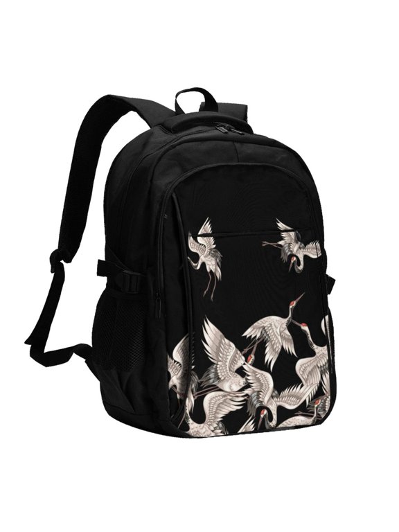 Japanese White Crane for Travel Laptop Backpack, Business Laptops Backpack with USB Charging Port, College High School Computer Bag for Men Women