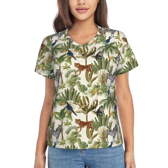 Honeii Jungle Animals Print Women's Classic V-Neck T-Shirt,Womens Fashion Tops,Stylish Everyday Top for Women, Casual Summer Spring Outfits Clothes-3X-Large