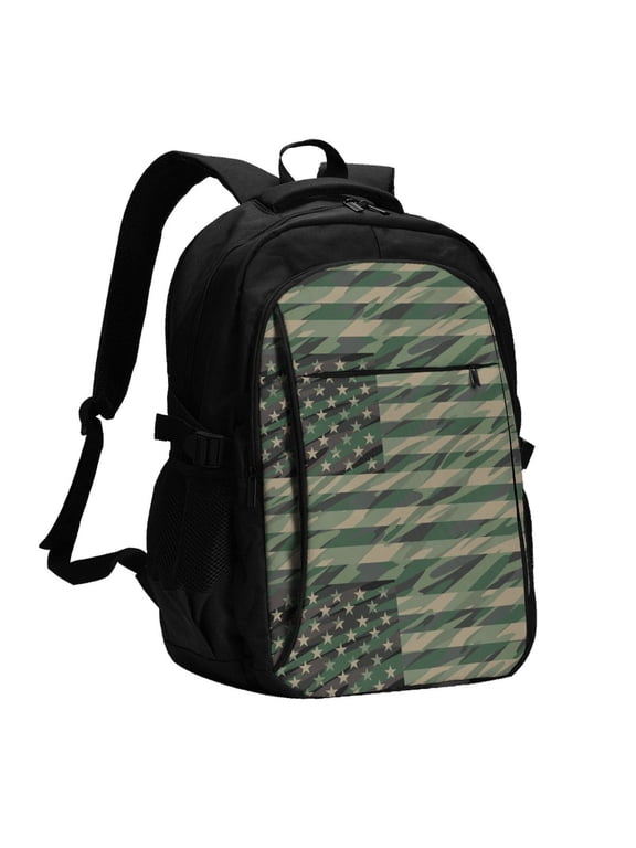 Jungle Green Camo USA Flag for Travel Laptop Backpack, Business Laptops Backpack with USB Charging Port, College High School Computer Bag for Men Women