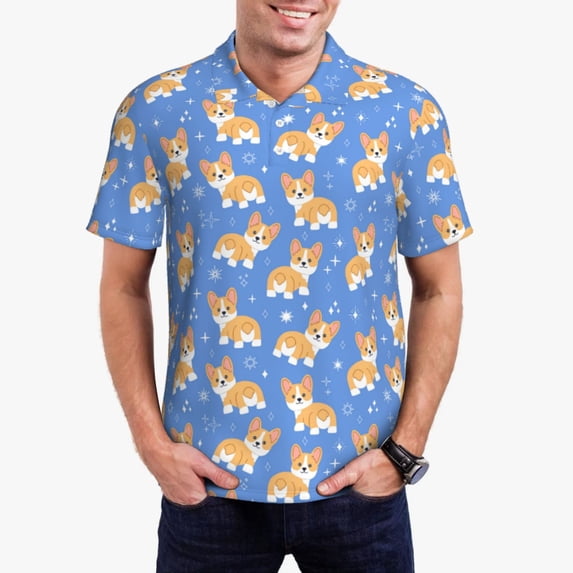 Honeii Kawaii Corgi print Polo Shirt, a classic short-sleeved, button-down golf shirt designed for menSmall