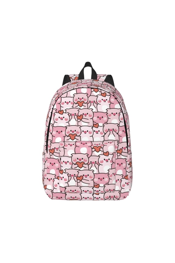 Kawaii Pig Print Canvas College Laptop Backpack, Durable Rucksack Travel Notebook Bag School Backpack Book Bag for Men Women-Small