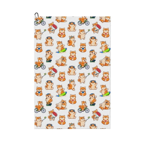 Honeii Kawaii Shiba Dog Print Golf Towel, Golf Towels for Golf Bag with Carabiner Clip, Tri-fold Waffle Pattern Golf Towel