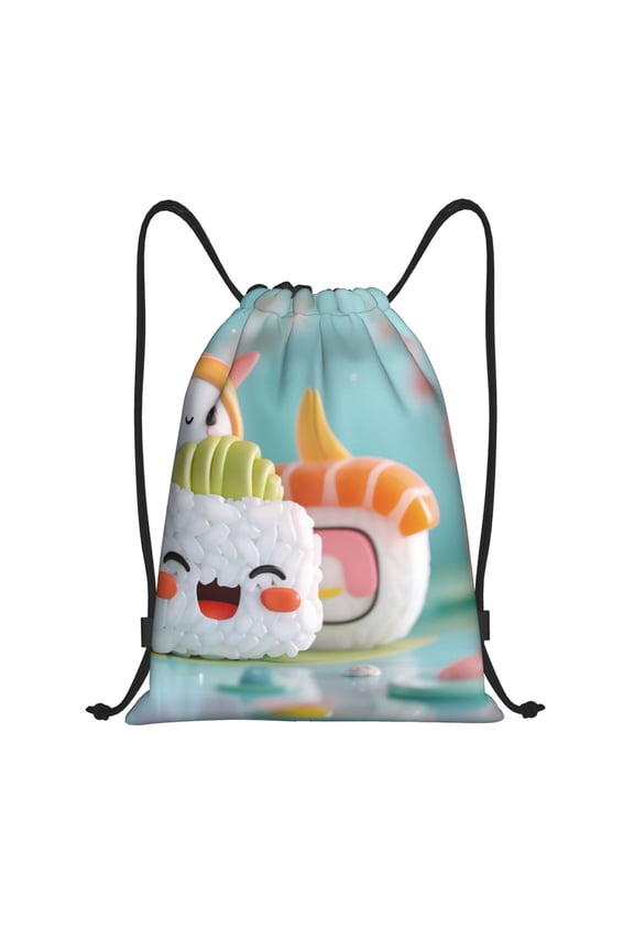 Kawaii Sushi Characters Delight Print Drawstring Backpack,Drawstring Bags String Backpack Gym Cinch Sack Backpack Sport Bag Draw-Small