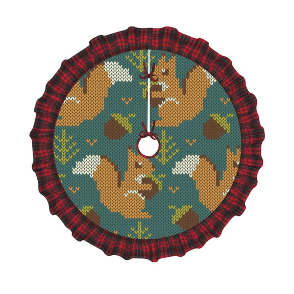 Honeii Knitted Woodland Squirrel Pattern Christmas Tree Skirt, Christmas Ribbon Holly Winter Holiday Tree Mat Decoration-